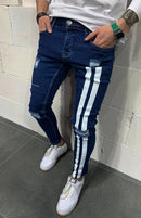 Calça jeans longa moda masculina desfiada slim fit