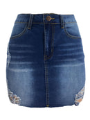 Saia jeans rasgada solta e slim feminina