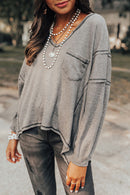 Blusa de malha cinza Waffle bainha alta e baixa casual decote em V manga longa