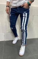 Calça jeans longa moda masculina desfiada slim fit