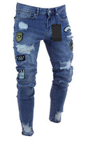 Calça jeans longa moda masculina desfiada slim fit