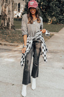 Blusa de malha cinza Waffle bainha alta e baixa casual decote em V manga longa