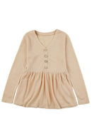 V Neck Button Front Long Sleeve Peplum Top