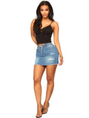 Saia curta jeans feminina primavera/verão com cordão de ajuste