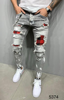 Calça jeans slim rasgada moda masculina cintura média
