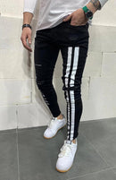 Calça jeans longa moda masculina desfiada slim fit