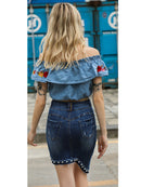 Saia feminina jeans midi com pérolas irregulares