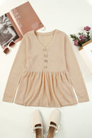 V Neck Button Front Long Sleeve Peplum Top
