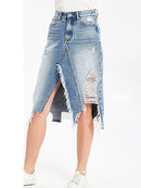 Saia jeans midi feminina com franjas irregulares e levantamento de bumbum
