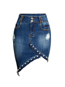 Saia feminina jeans midi com pérolas irregulares