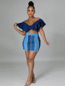 Saia jeans plissada lavada cintura alta patchwork feminina