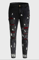 Calça jeans slim rasgada moda masculina cintura média