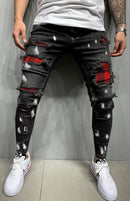 Calça jeans slim rasgada moda masculina cintura média
