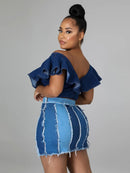 Saia jeans plissada lavada cintura alta patchwork feminina