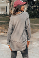 Blusa de malha cinza Waffle bainha alta e baixa casual decote em V manga longa