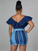 Saia jeans plissada lavada cintura alta patchwork feminina