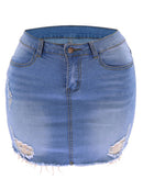 Saia jeans rasgada solta e slim feminina