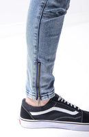 Calça jeans longa moda masculina desfiada slim fit