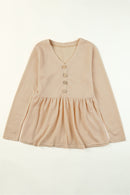 V Neck Button Front Long Sleeve Peplum Top