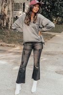 Blusa de malha cinza Waffle bainha alta e baixa casual decote em V manga longa