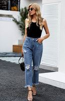 Jeans skinny feminino de cintura alta modelando totalmente