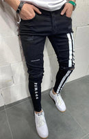 Calça jeans longa moda masculina desfiada slim fit