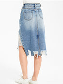 Saia jeans midi feminina com franjas irregulares e levantamento de bumbum