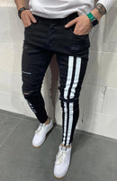 Calça jeans longa moda masculina desfiada slim fit