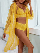 Pijama transparente de malha sexy feminino conjunto de roupa íntima de sutiã com casaco longo de quatro peças