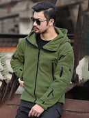 Jaqueta masculina de lã com forro quente para exterior, jaqueta à prova de frio, capuz de vento, cor sólida, jaqueta com capuz