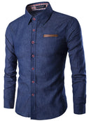 Camisa casual masculina com remendo de bolso de couro camisa de manga comprida camisa jeans