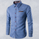 Camisa casual masculina com remendo de bolso de couro camisa de manga comprida camisa jeans