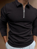 Camisa POLO de manga comprida listrada com zíper de cor sólida masculina
