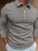 Camisa POLO de manga comprida listrada com zíper de cor sólida masculina