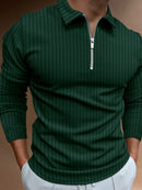 Camisa POLO de manga comprida listrada com zíper de cor sólida masculina