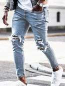 Jeans lápis rasgado casual sólido masculino