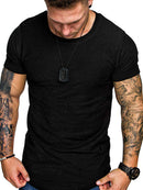 Camiseta de manga curta de algodão cor sólida em torno do pescoço camisa de fundo masculina