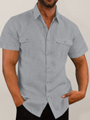 Camisa masculina de bolso duplo algodão linho manga curta camisa casual férias