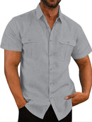 Camisa masculina de bolso duplo algodão linho manga curta camisa casual férias