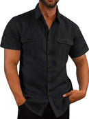 Camisa masculina de bolso duplo algodão linho manga curta camisa casual férias