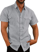 Camisa masculina de bolso duplo algodão linho manga curta camisa casual férias