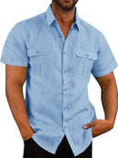 Camisa masculina de bolso duplo algodão linho manga curta camisa casual férias