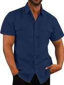 Camisa masculina de bolso duplo algodão linho manga curta camisa casual férias
