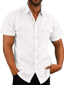 Camisa masculina de bolso duplo algodão linho manga curta camisa casual férias