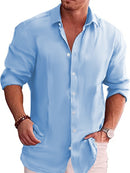 Camisa masculina de cor sólida com lapela de linho e manga comprida camisa casual
