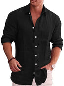 Camisa masculina de cor sólida com lapela de linho e manga comprida camisa casual