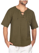 Nova camisa masculina de manga curta algodão linho gravata colarinho casual camisa masculina