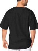 Nova camisa masculina de manga curta algodão linho gravata colarinho casual camisa masculina