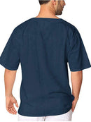 Nova camisa masculina de manga curta algodão linho gravata colarinho casual camisa masculina