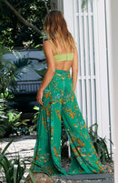 Calça feminina casual solta com estampa digital, calça de praia larga com alça